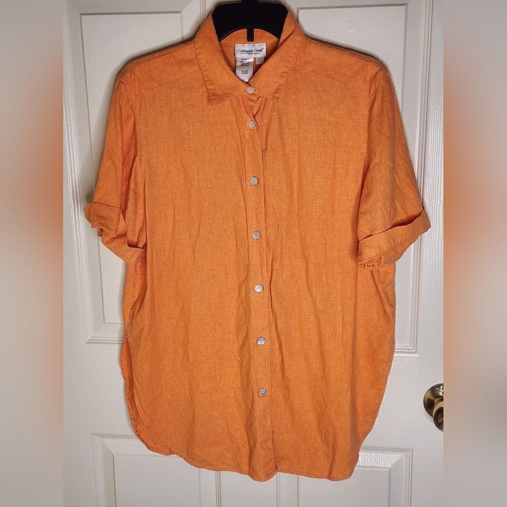 Coldwater Creek M Orange LINEN Blend Shrtslvs Buttons Up Women’s Shirt